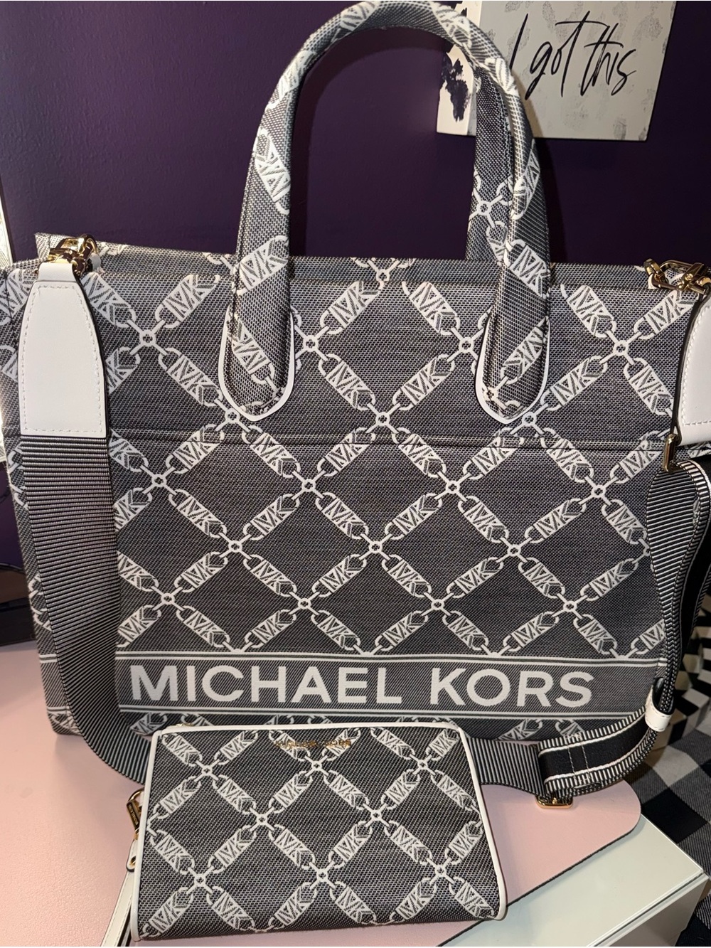 Michael Kors Gray and White Logo Tote with Matching Wallet